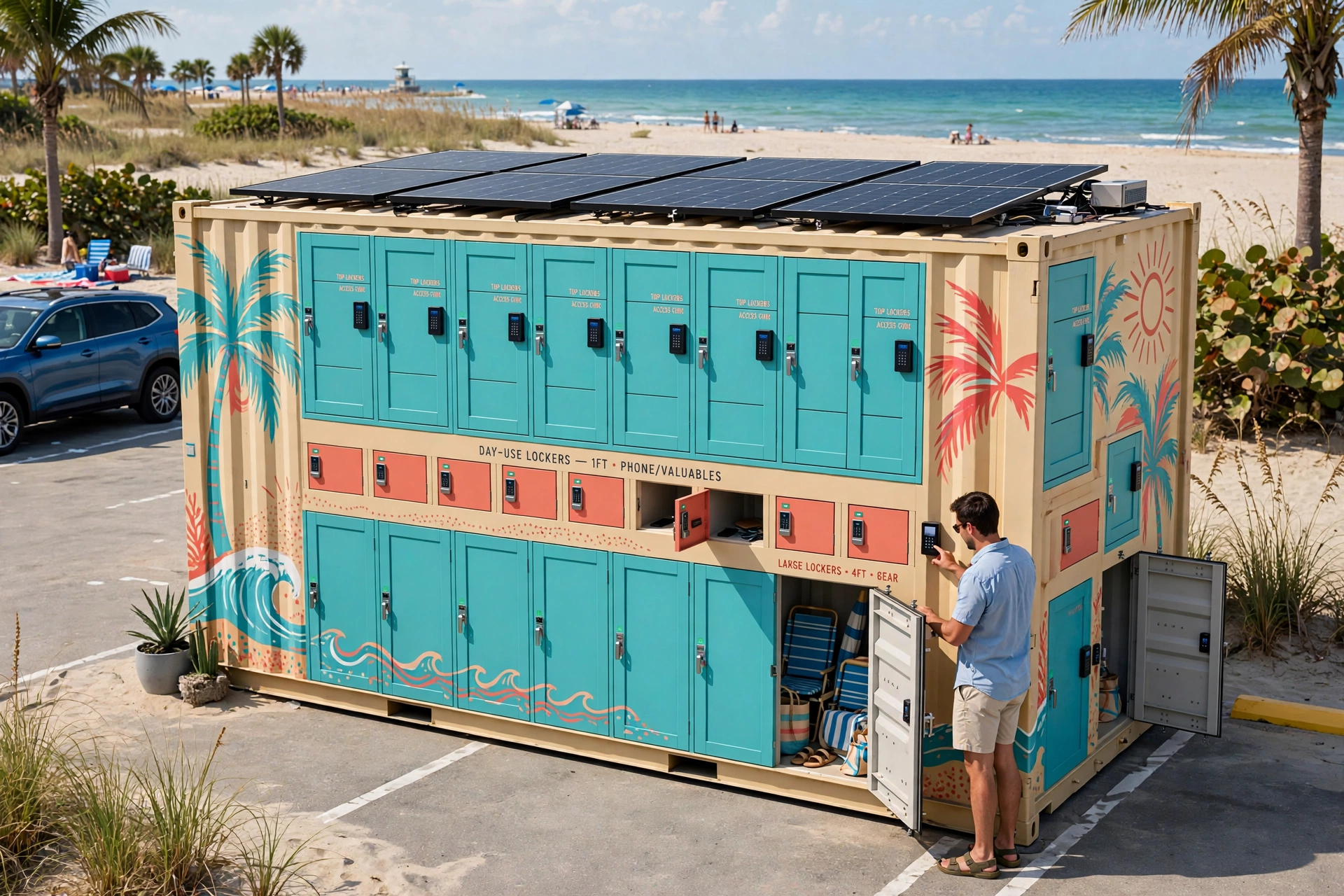 Rendering of a Mobile Beach Lockers station beside the beach