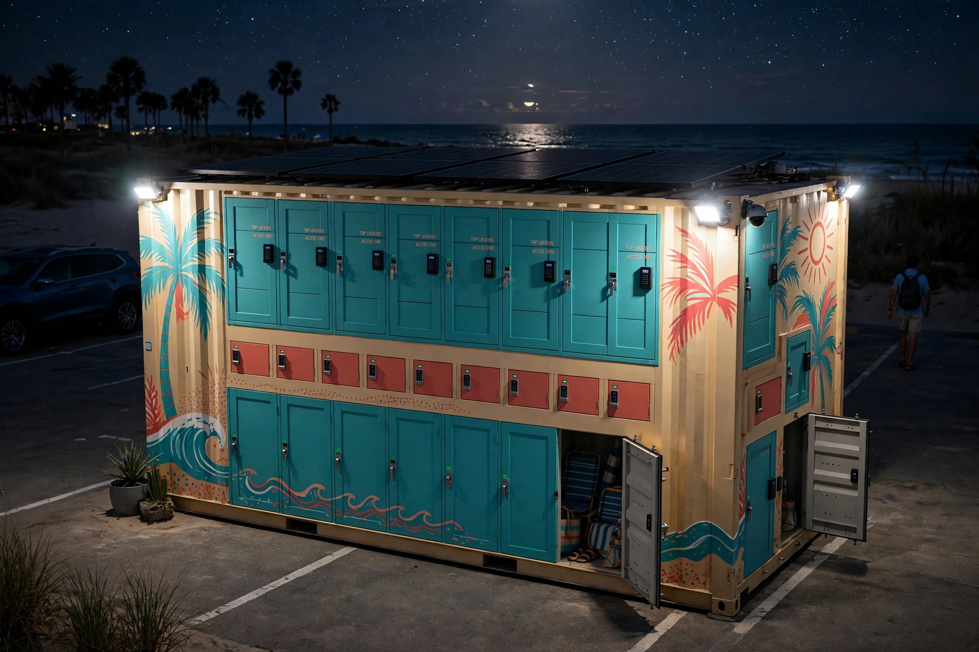 Night rendering of a Mobile Beach Lockers station illuminated by motion-sensor security lights